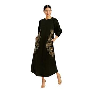 MESTIZA New York Black Gold Beaded Luzon Midi Designer Midi Dress Pockets  XS S